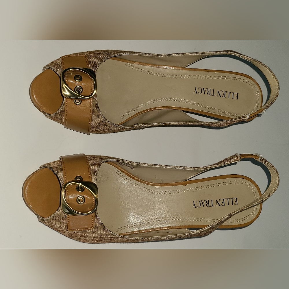 Ellen Tracy light leopard print, leather slingback stilletos buckle peep toe‎ - Picture 4 of 8